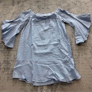Zara Light Blue Linen Blend Off-Shoulder Bell Sleeve Mini Dress Size Small